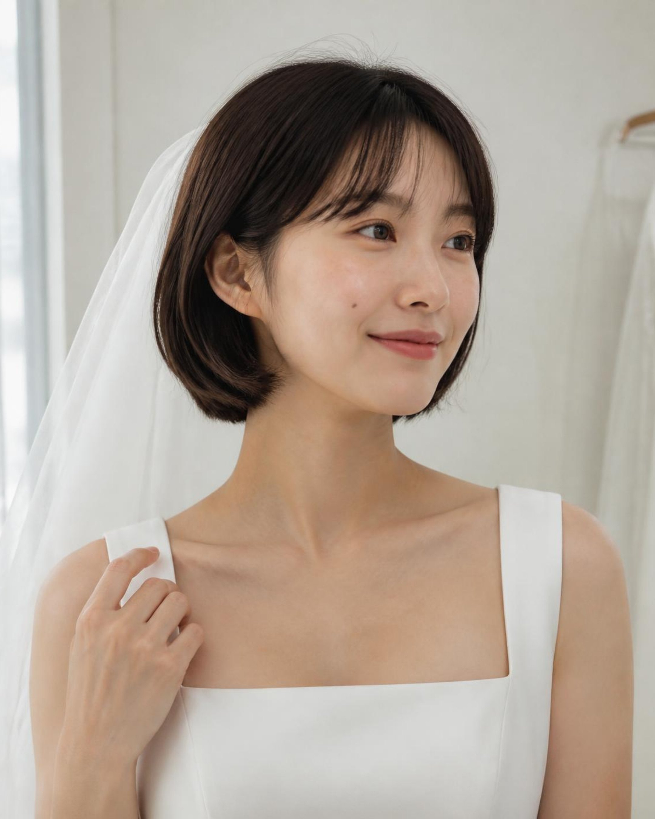 흰 벽 피팅룸, 늦은 오후.